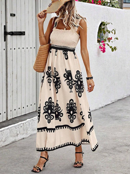 Women's Maxi Dress Printed Square Neck Smocked Bodice Ruffle Straps
