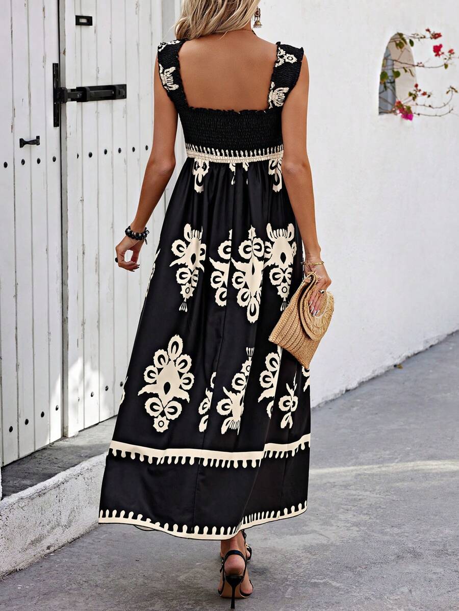 Women's Maxi Dress Printed Square Neck Smocked Bodice Ruffle Straps