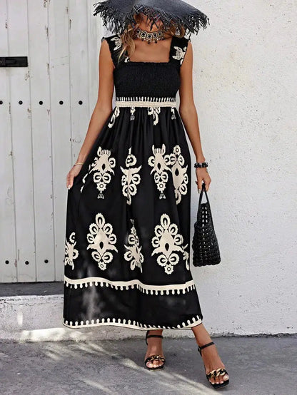 Women's Maxi Dress Printed Square Neck Smocked Bodice Ruffle Straps