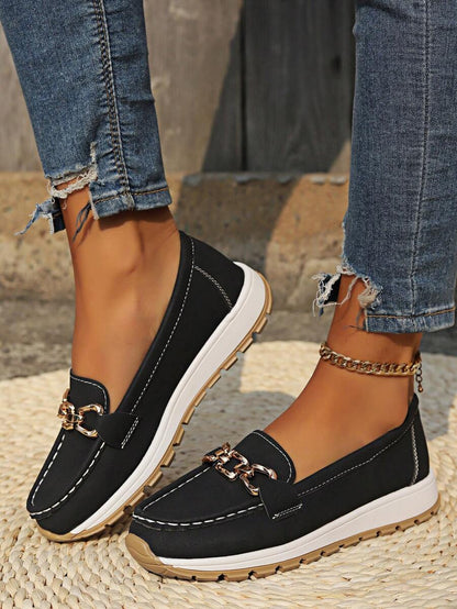 Comfortable Chain Detail Slip On Loafers Women's Shoes - VibreMode