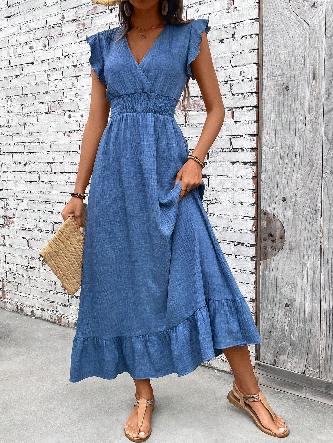 Women's Smocked Maxi Dress V-Neck Ruffle Hem - VibreMode
