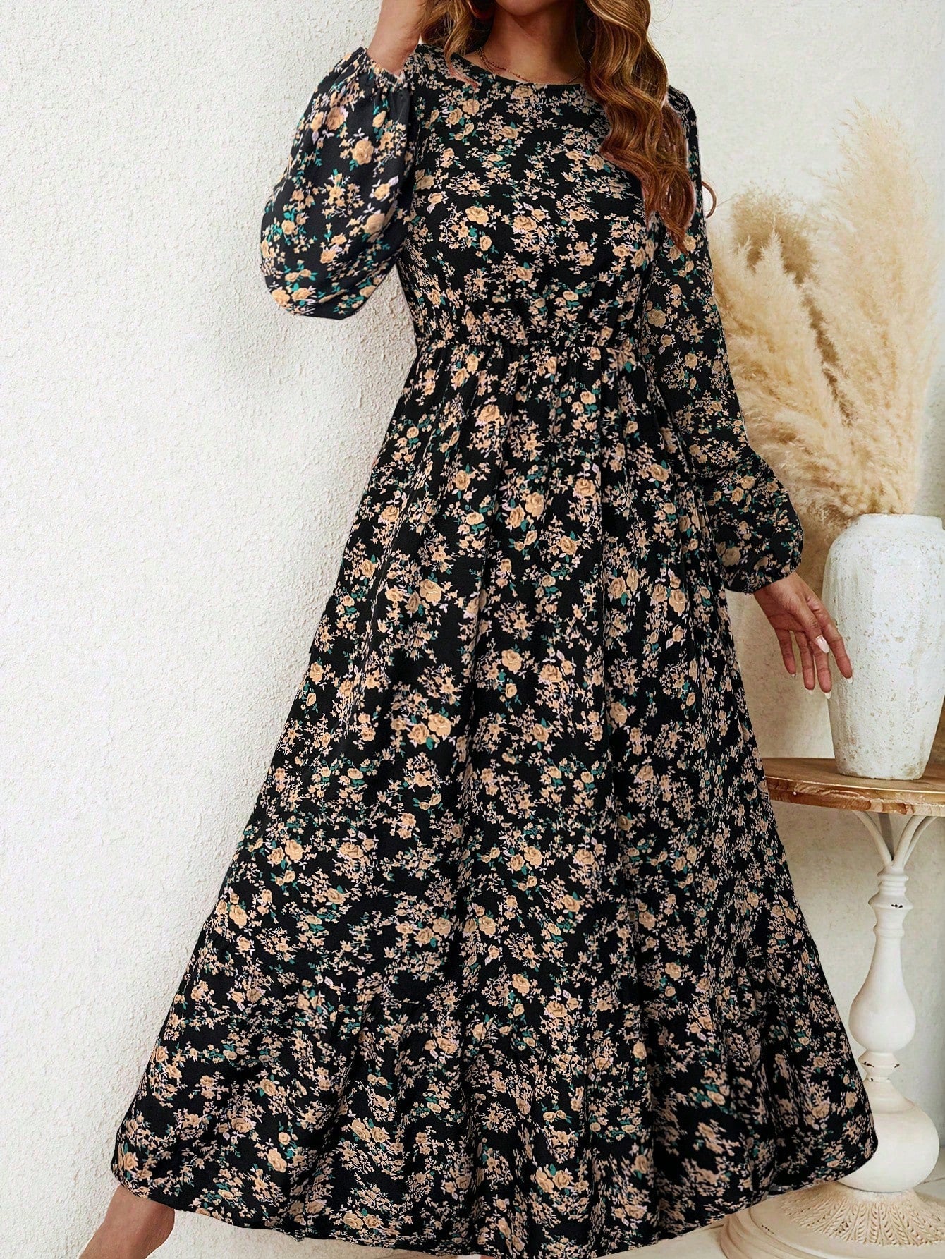 Women's Floral Maxi Dress Smocked Waist Bishop Sleeves - VibreMode