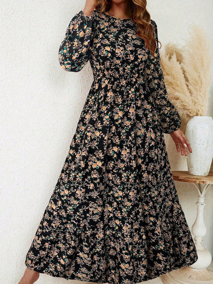 Women's Floral Maxi Dress Smocked Waist Bishop Sleeves - VibreMode