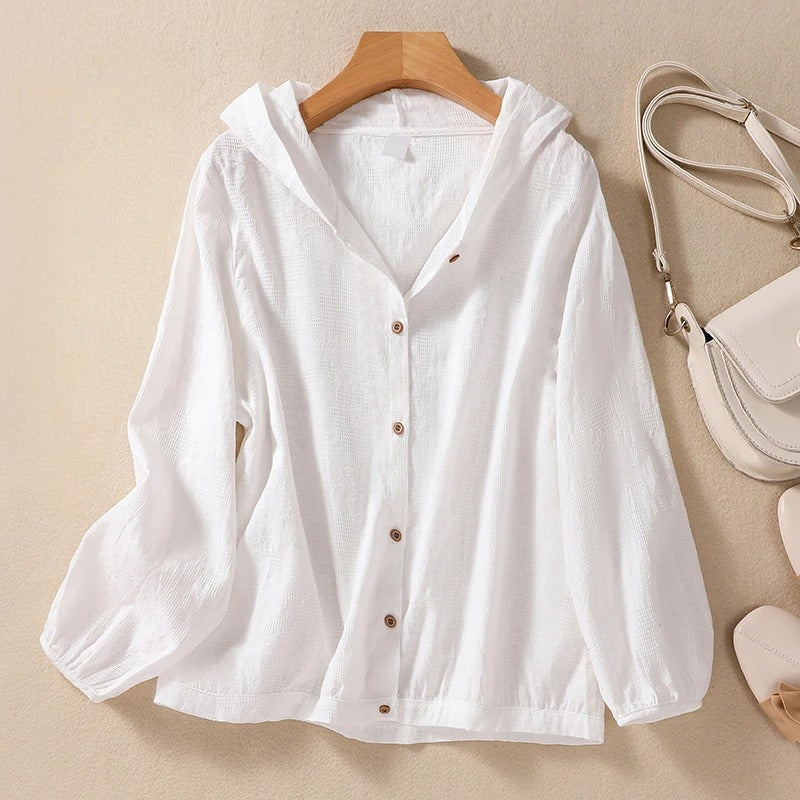 Women's Hooded Button Down Blouse - VibreMode