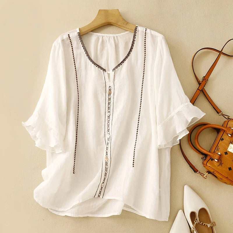 Women's Ruffle Sleeve Blouse Button Front - VibreMode