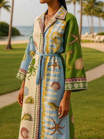Womens Printed Midi Dress Belted Cotton