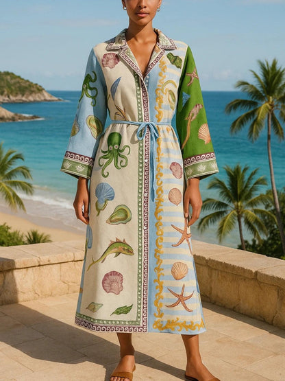 Womens Printed Midi Dress Belted Cotton - VibreMode