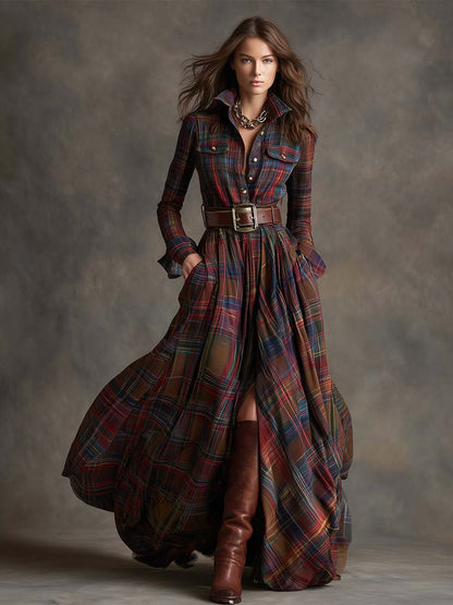 Ladies Classic Checked Long Sleeve Maxi Dress