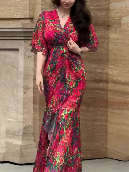 Women's V-Neck Maxi Dress Flowy