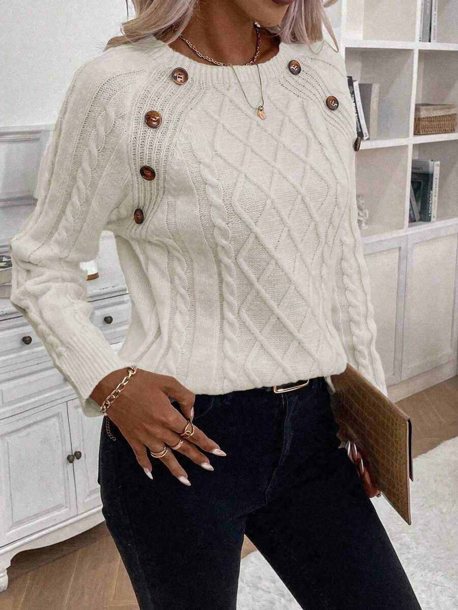 Classic Button Front Cable Knit Sweater