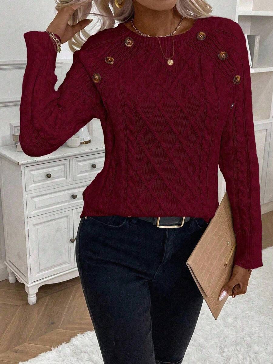 Classic Button Front Cable Knit Sweater