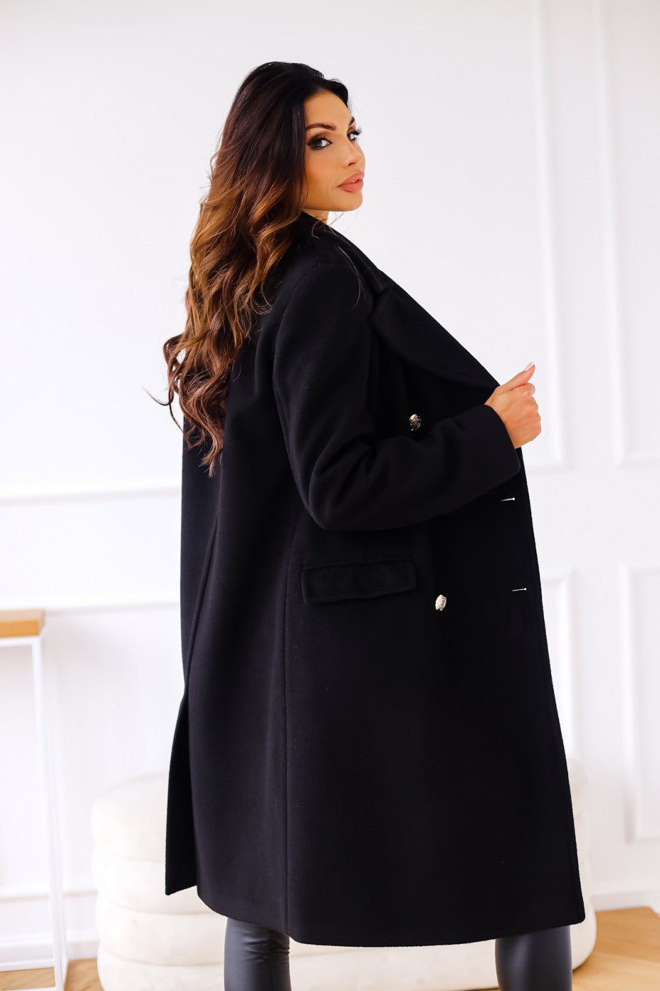 Women's Double-Breasted Long Coat Gold Button Accents