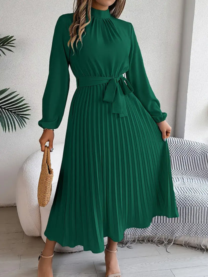 Women's Pleated Midi Dress Belted Waist