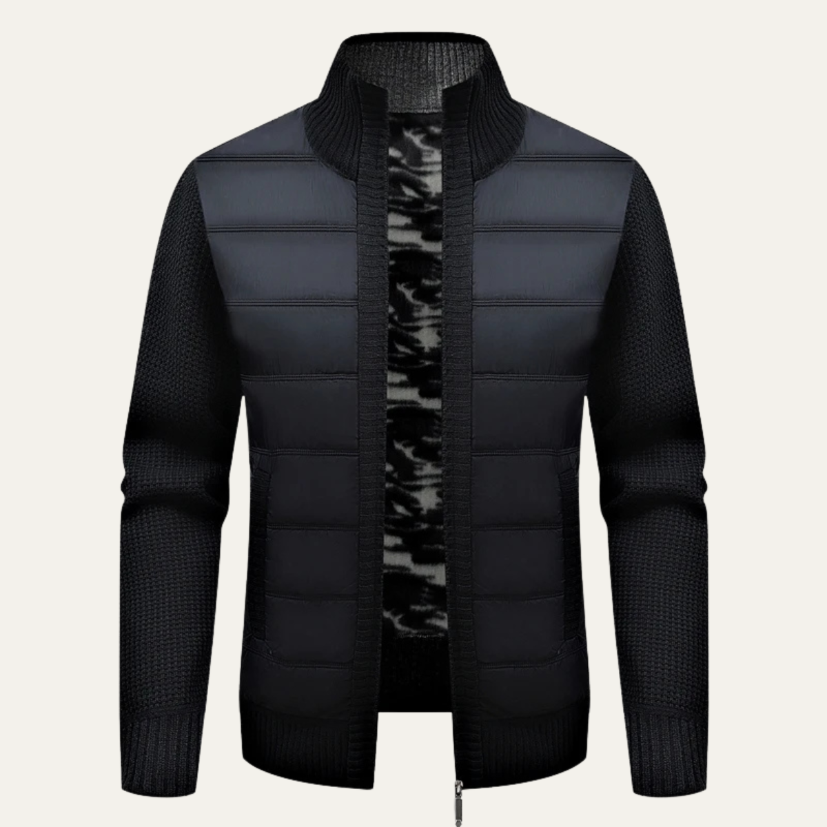 Men's Quilted Puffer Jacket Warm Zip Up Knit Black - VibreMode