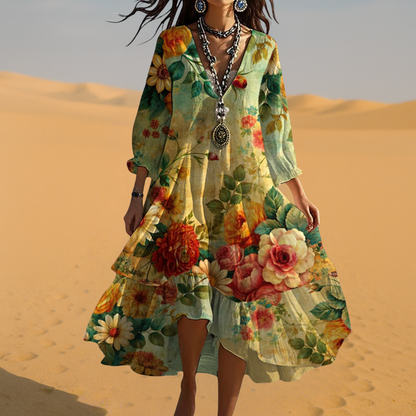 Women's Floral Maxi Dress V-Neck Three-Quarter Sleeves
