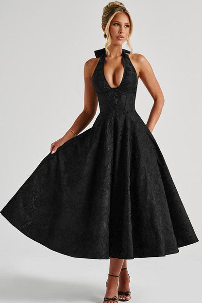 Women's Midi Flared Halter Dress Structured Fit