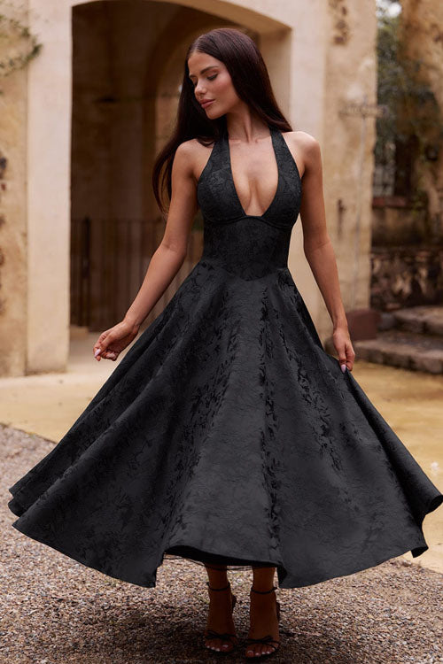 Women's Midi Flared Halter Dress Structured Fit