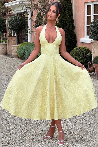 Women's V-Neck Halterneck Maxi Dress Sleeveless Jacquard