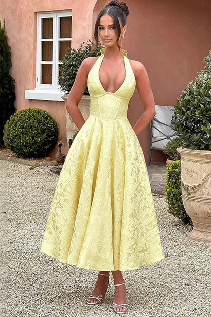 Women's V-Neck Halterneck Maxi Dress Sleeveless Jacquard