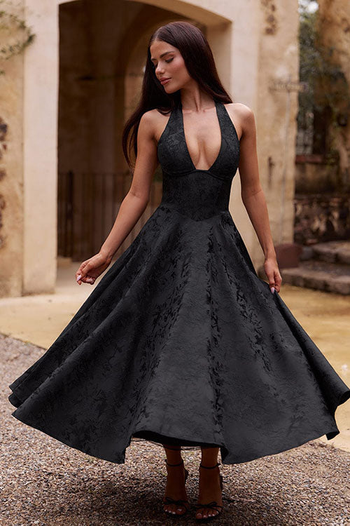 Women's V-Neck Halterneck Maxi Dress Sleeveless Jacquard