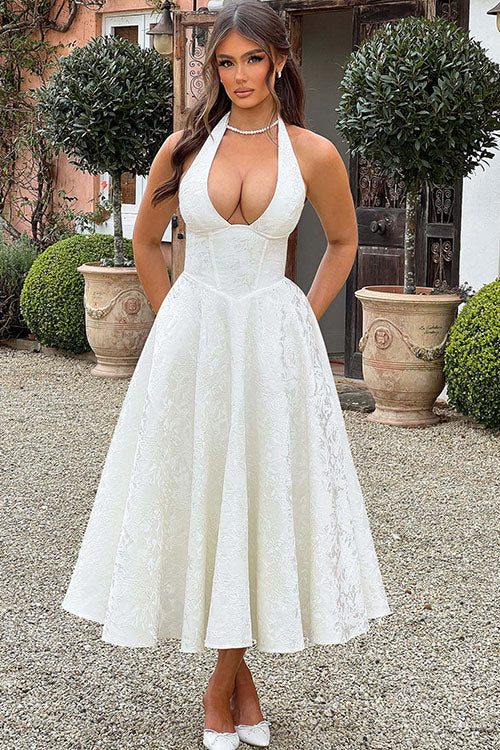 Women's Midi Flared Halter Dress Structured Fit
