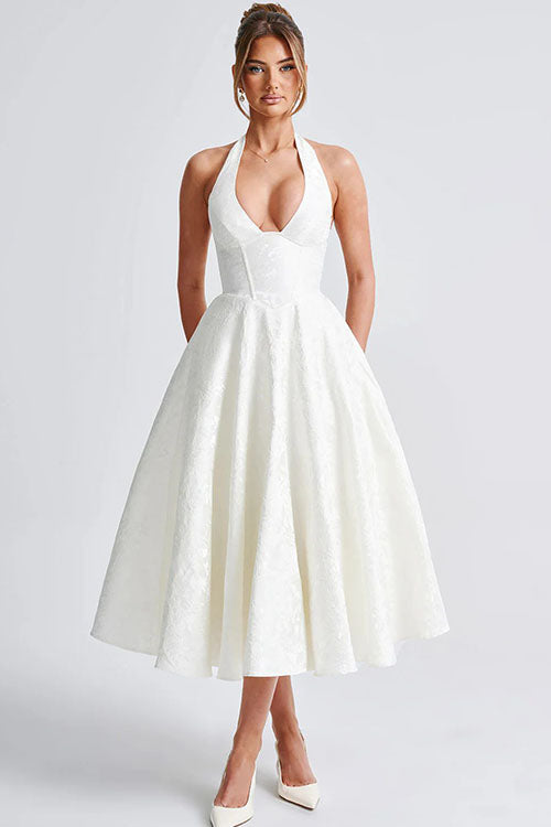 Women's V-Neck Halterneck Maxi Dress Sleeveless Jacquard