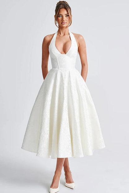 Women's V-Neck Halterneck Maxi Dress Sleeveless Jacquard