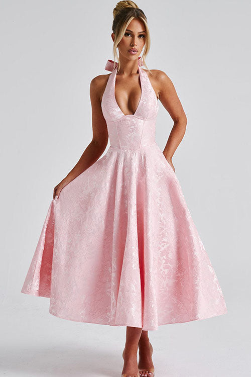 Women's V-Neck Halterneck Maxi Dress Sleeveless Jacquard