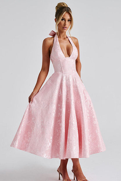 Women's Midi Flared Halter Dress Structured Fit