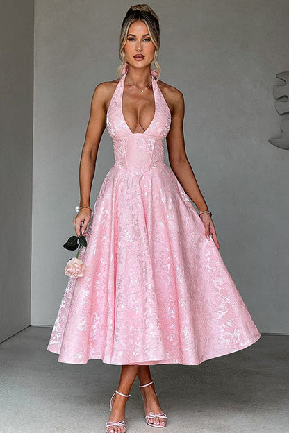Women's V-Neck Halterneck Maxi Dress Sleeveless Jacquard