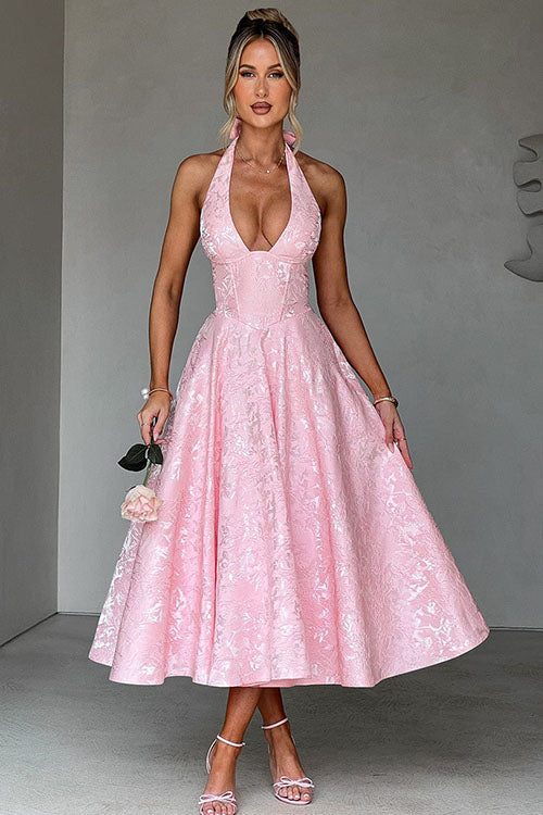 Women's Midi Flared Halter Dress Structured Fit