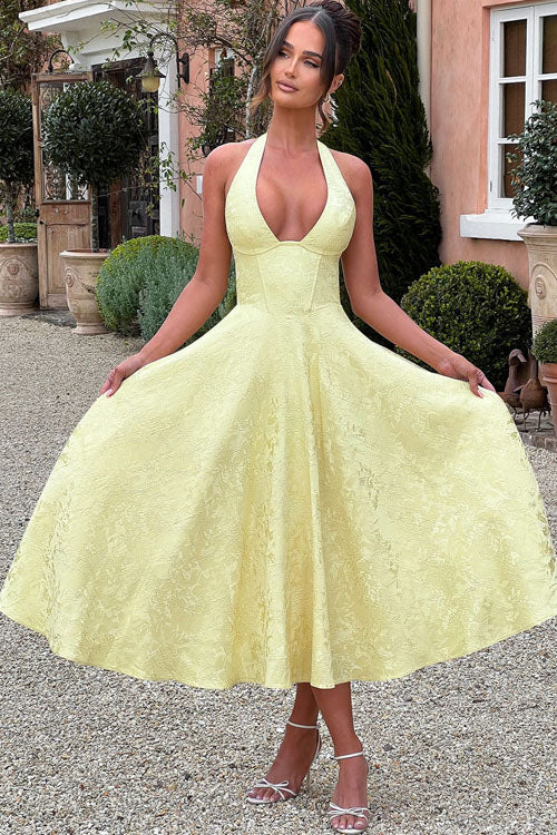 Women's Midi Flared Halter Dress Structured Fit
