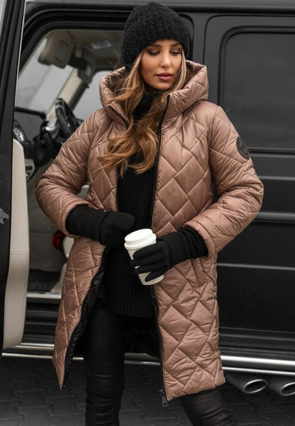 Women's Quilted Long Winter Coat With Hood - VibreMode