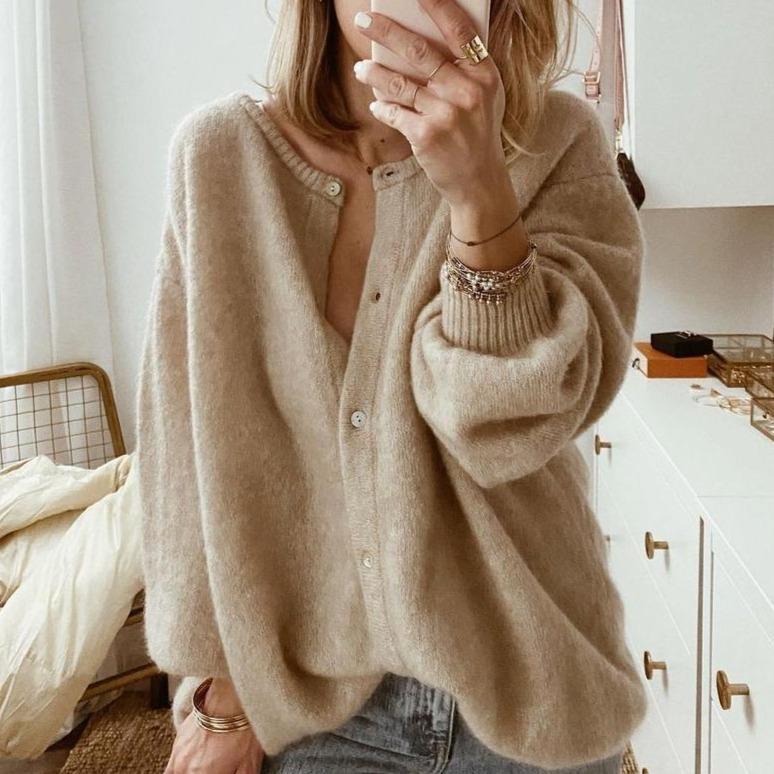 Women's Oversized Cardigan Soft Knit Drop Shoulder Beige