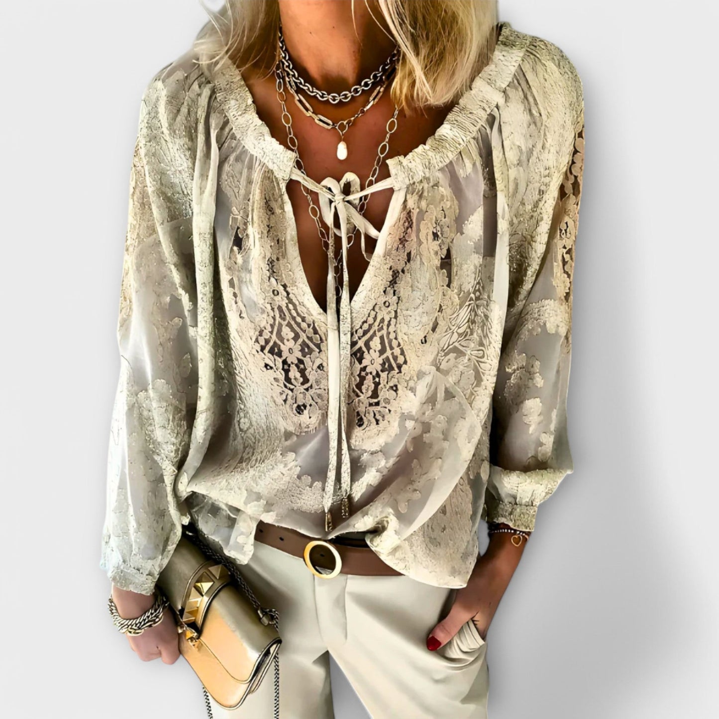 Women's Lace V-Neck Long Sleeve Boho Blouse