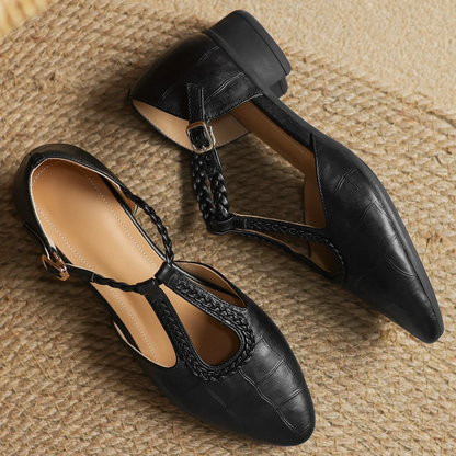 Women's Leather Mary Jane Flats Pointed Toe Black