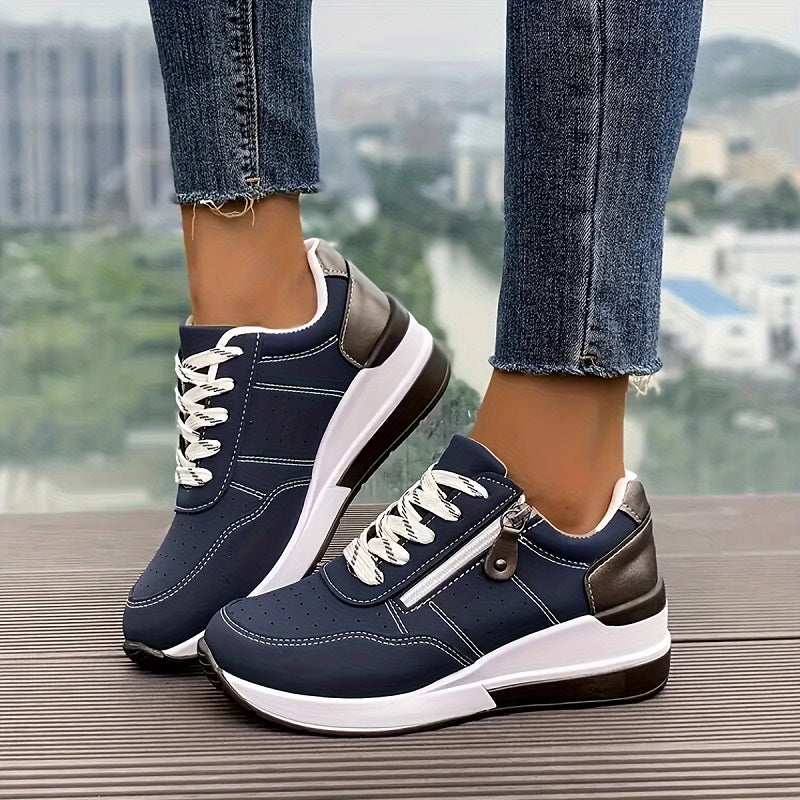 Women's Casual Lace-Up Sneakers With Side Zipper - VibreMode