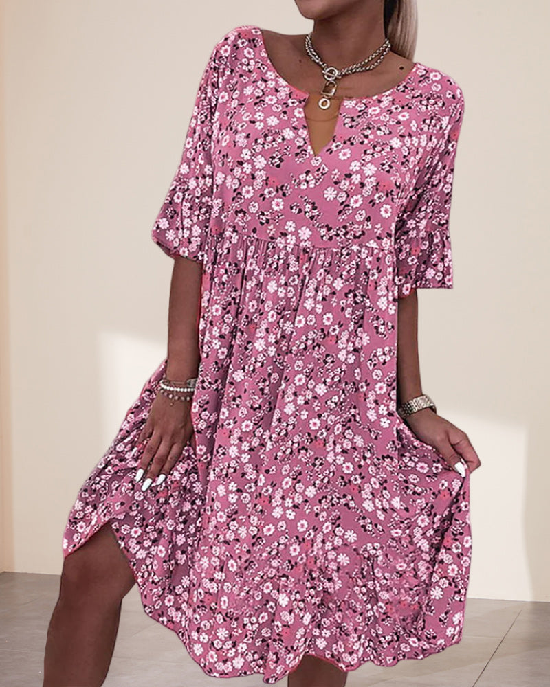 Women's Floral V-Neck Short Sleeve Midi Dress - VibreMode