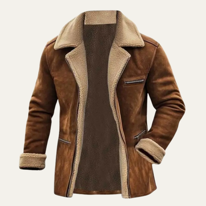 Men's Suede Shearling Jacket Zipper Pockets Brown