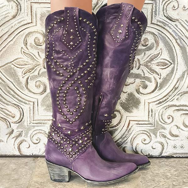 Women's Knee High Cowboy Boots Rivet Detail Chunky Heel Side Zip Black