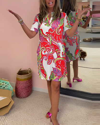 Women's V Neck Printed Draped Dress Tummy Control Casual Summer