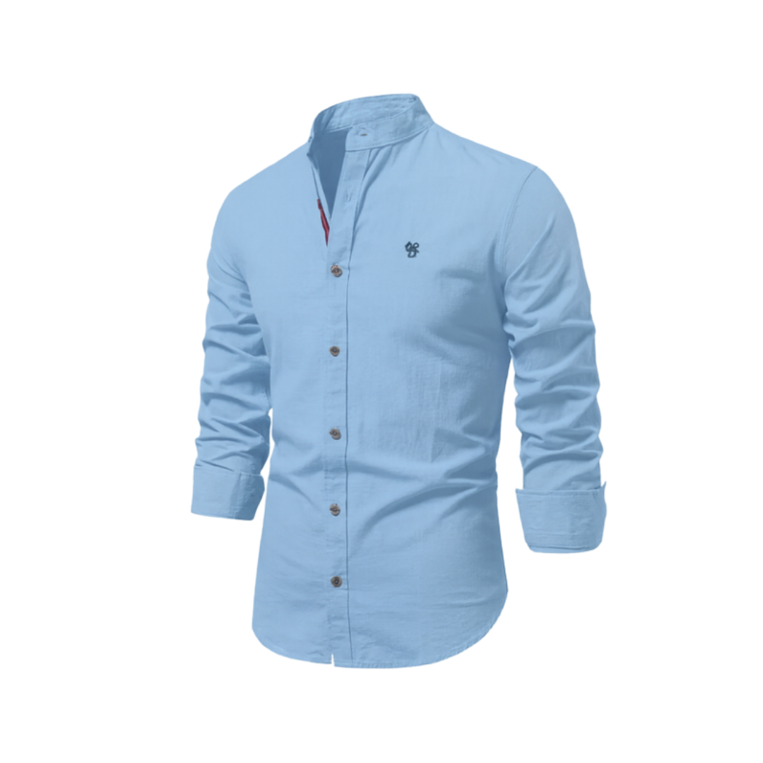 Men's Long Sleeve Button Shirt Band Collar White