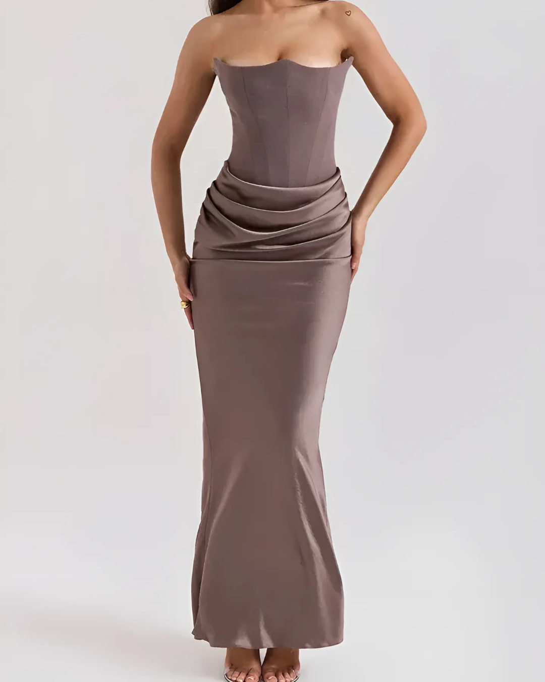 Women's Strapless Maxi Dress Corset-Seam Draped Waist Straight Skirt - VibreMode
