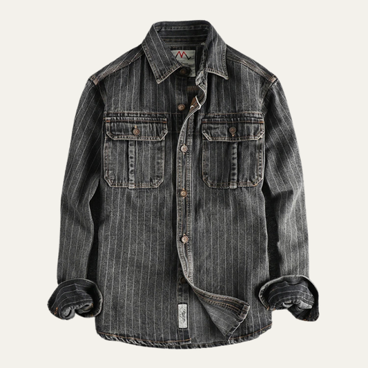 Men's Denim Shirt Jacket Vertical Stripe Dark Blue - VibreMode
