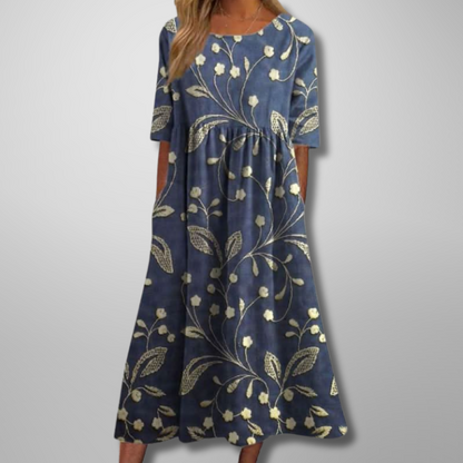 Women's Floral Maxi Dress Short Sleeves Gathered Waist - VibreMode