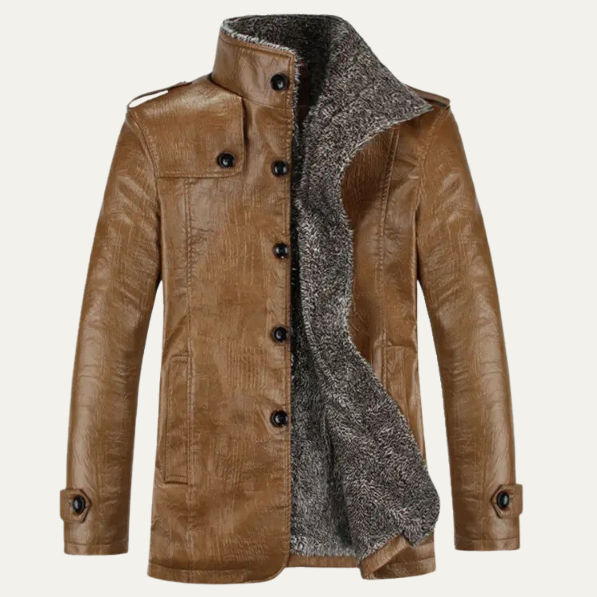Men's Leather Fleece Lined Jacket Warm Stand Collar - VibreMode
