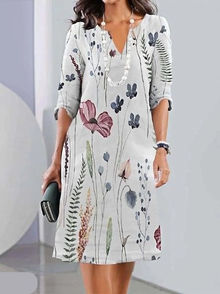 Women's Floral Midi Dress V-Neck Three-Quarter Sleeves
