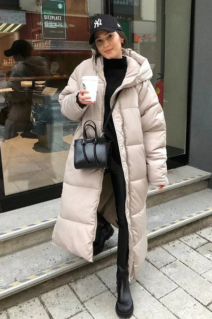 Women's Quilted Puffer Coat Long Hooded Warm Black