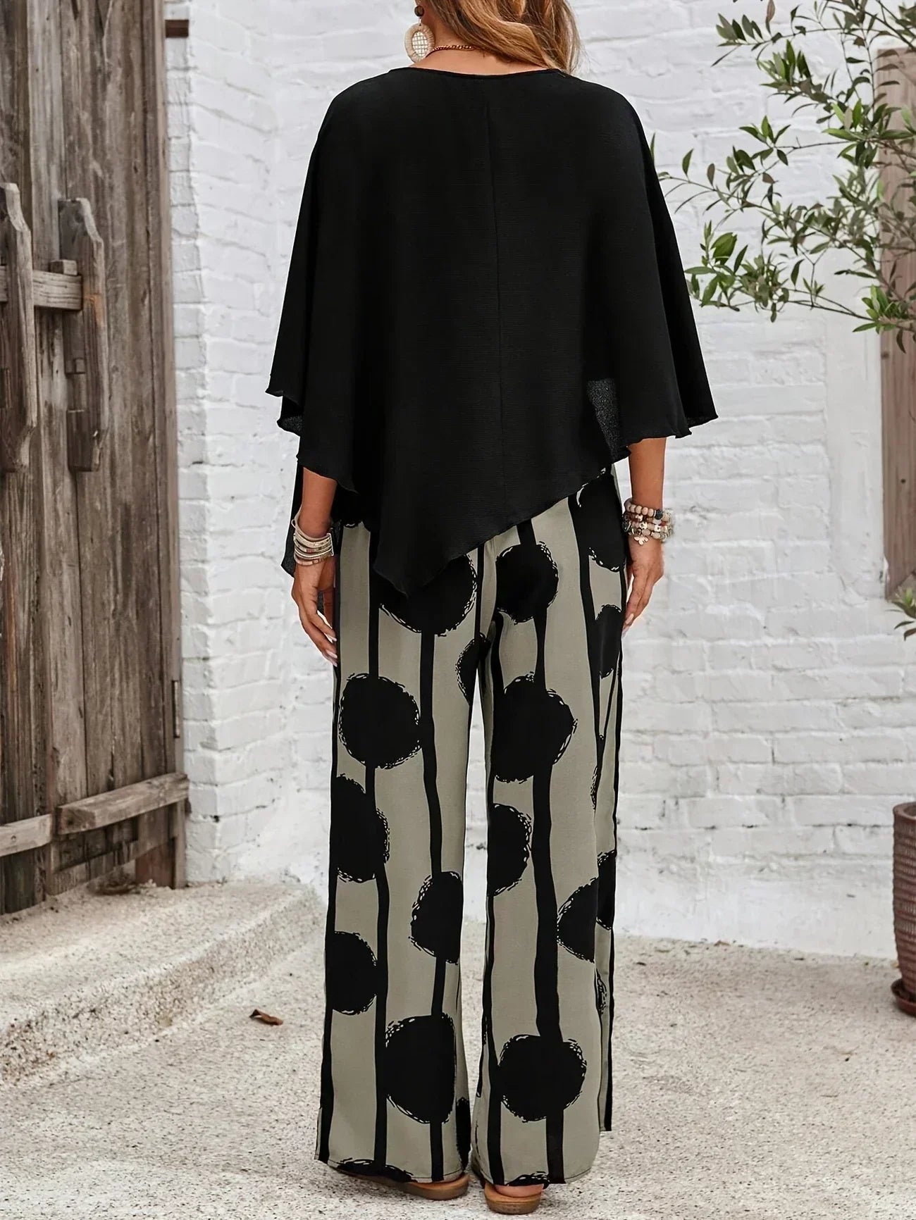 Women's Batwing And Wide Leg Print Pants Set