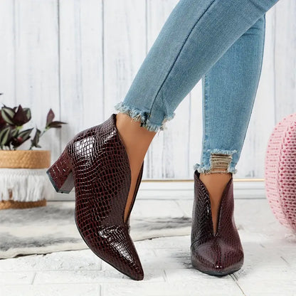 Women's Pointed Toe Ankle Boots Textured Block Heel